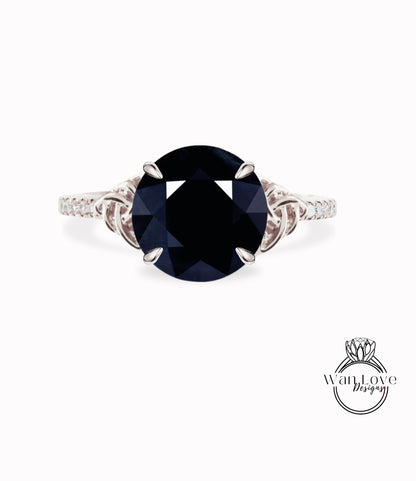 Anello di fidanzamento con nodo celtico rotondo con zaffiro blu scuro naturale e diamante, 1,5 ct, 7 mm, personalizzato, oro rosa giallo bianco 14k 18k, platino, matrimonio