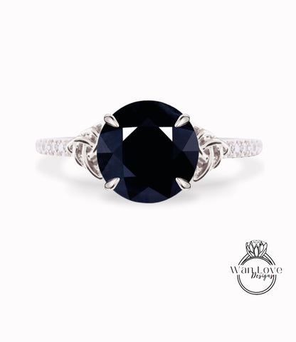 Natural Dark Blue Sapphire & Diamond Celtic Knot Round Engagement Ring, Custom, 14k 18k White Yellow Rose Gold, Platinum-Wedding-Anniversary Gift