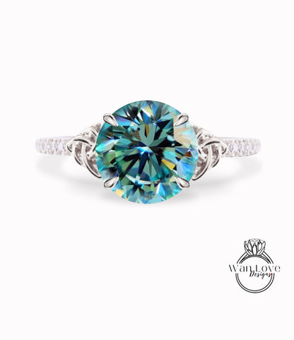 Teal Blue Green Moissanite & Diamond Celtic Knot Round Engagement Ring, Custom, 14k 18k White Yellow Rose Gold, Platinum-Wedding-Anniversary Gift
