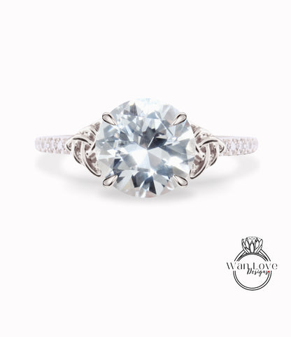 Anello di fidanzamento rotondo con nodo celtico con zaffiro bianco e diamante, personalizzato, oro rosa giallo bianco 14k 18k, anniversario di matrimonio in platino