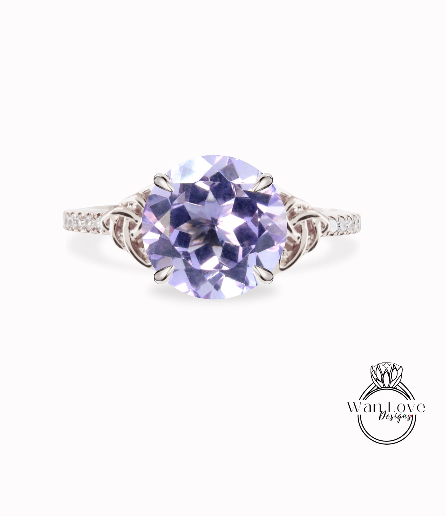 Anello di fidanzamento con nodo celtico con diamante e ametista lavanda, rotondo, personalizzato, matrimonio, regalo di anniversario, oro giallo rosa bianco 14k 18k, platino