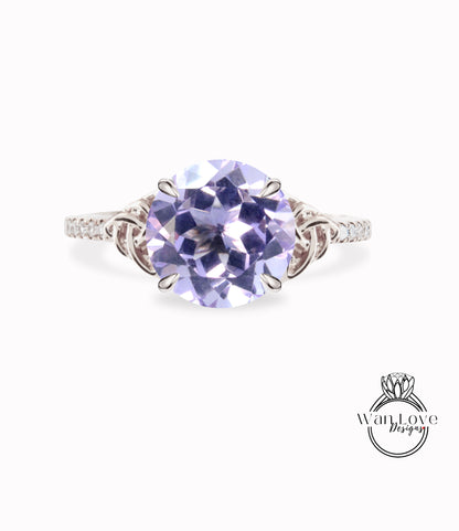 Anello di fidanzamento con nodo celtico con diamante e ametista lavanda, rotondo, personalizzato, matrimonio, regalo di anniversario, oro giallo rosa bianco 14k 18k, platino