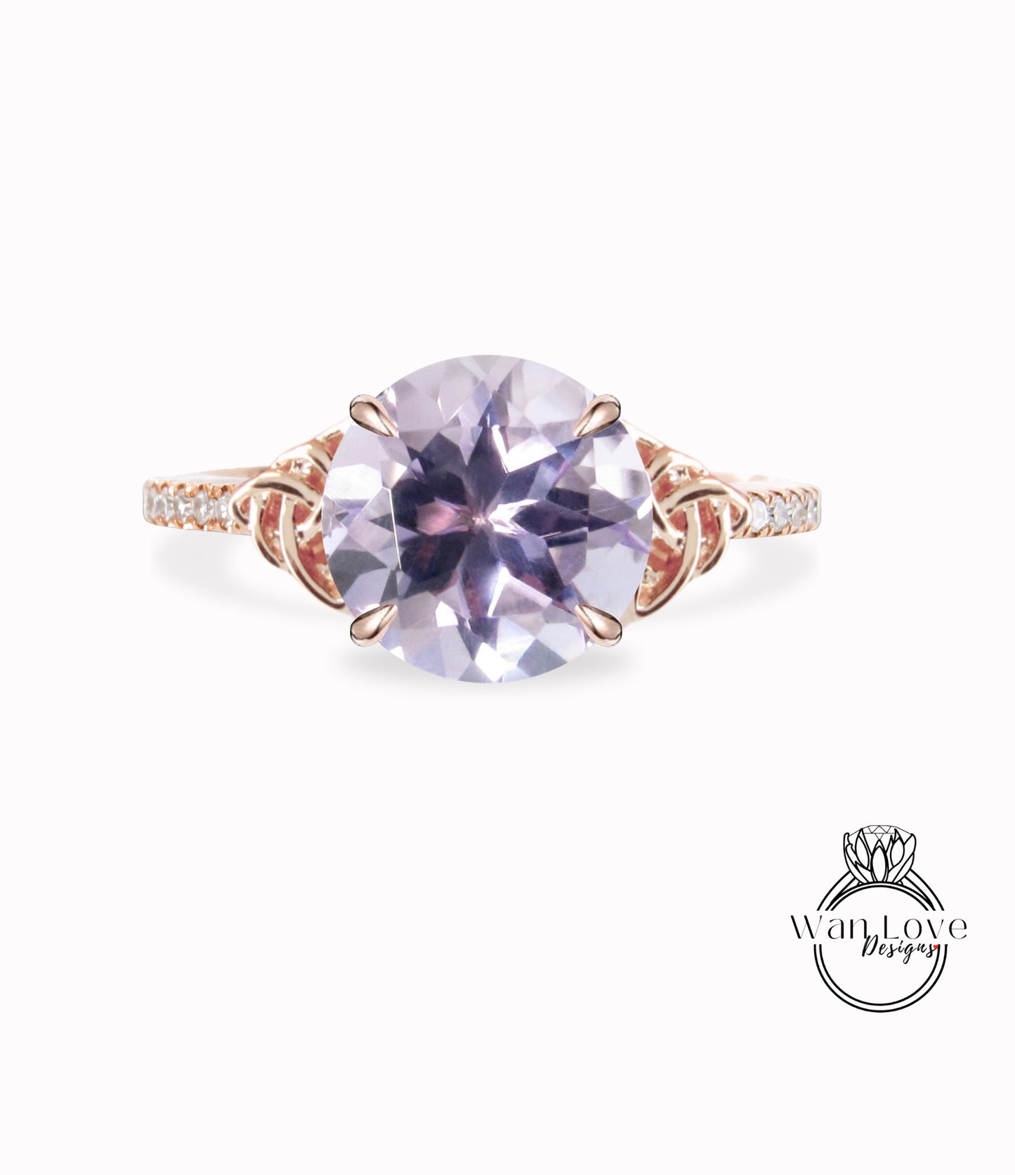 Anello di fidanzamento con nodo celtico con diamante e ametista lavanda, rotondo, personalizzato, matrimonio, regalo di anniversario, oro giallo rosa bianco 14k 18k, platino