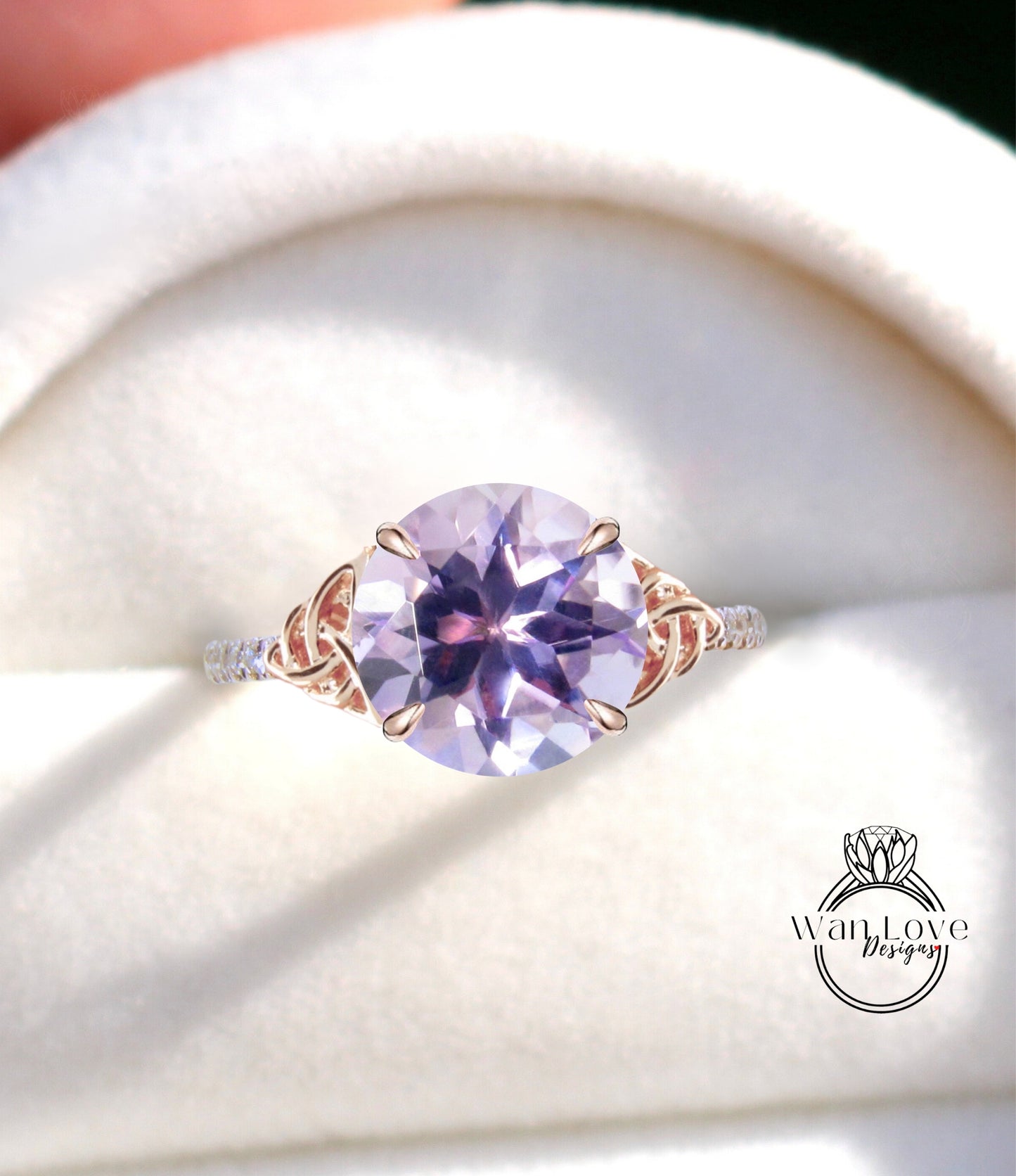Lavender Amethyst & Diamond Celtic Knot Round Engagement Ring, Custom, 14k 18k White Yellow Rose Gold, Platinum-Wedding-Anniversary Gift