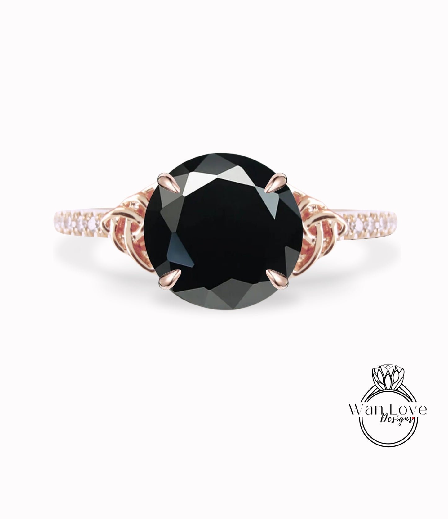 Black Spinel & Diamond Celtic Knot Round Engagement Ring, Custom, 14k 18k White Yellow Rose Gold, Platinum-Wedding-Anniversary Gift