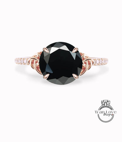 Black Spinel & Diamond Celtic Knot Round Engagement Ring, Custom, 14k 18k White Yellow Rose Gold, Platinum-Wedding-Anniversary Gift