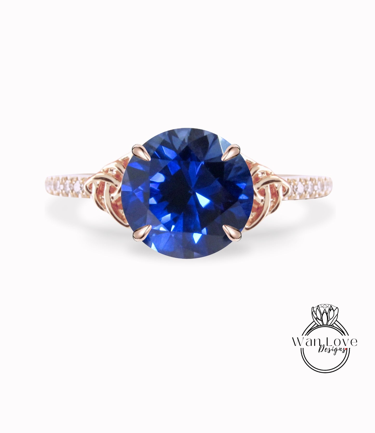Blue Sapphire & Diamond Celtic Knot Round Engagement Ring, Custom, 14k 18k White Yellow Rose Gold, Platinum-Wedding-Anniversary Gift