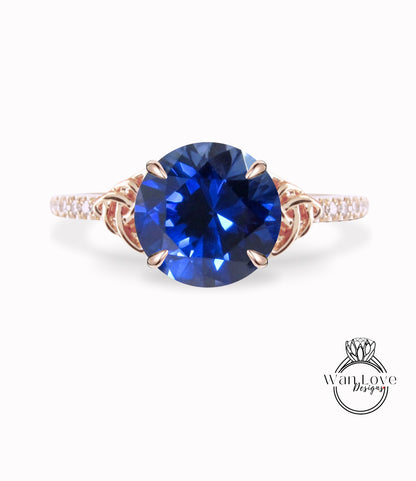 Blue Sapphire & Diamond Celtic Knot Round Engagement Ring, Custom, 14k 18k White Yellow Rose Gold, Platinum-Wedding-Anniversary Gift