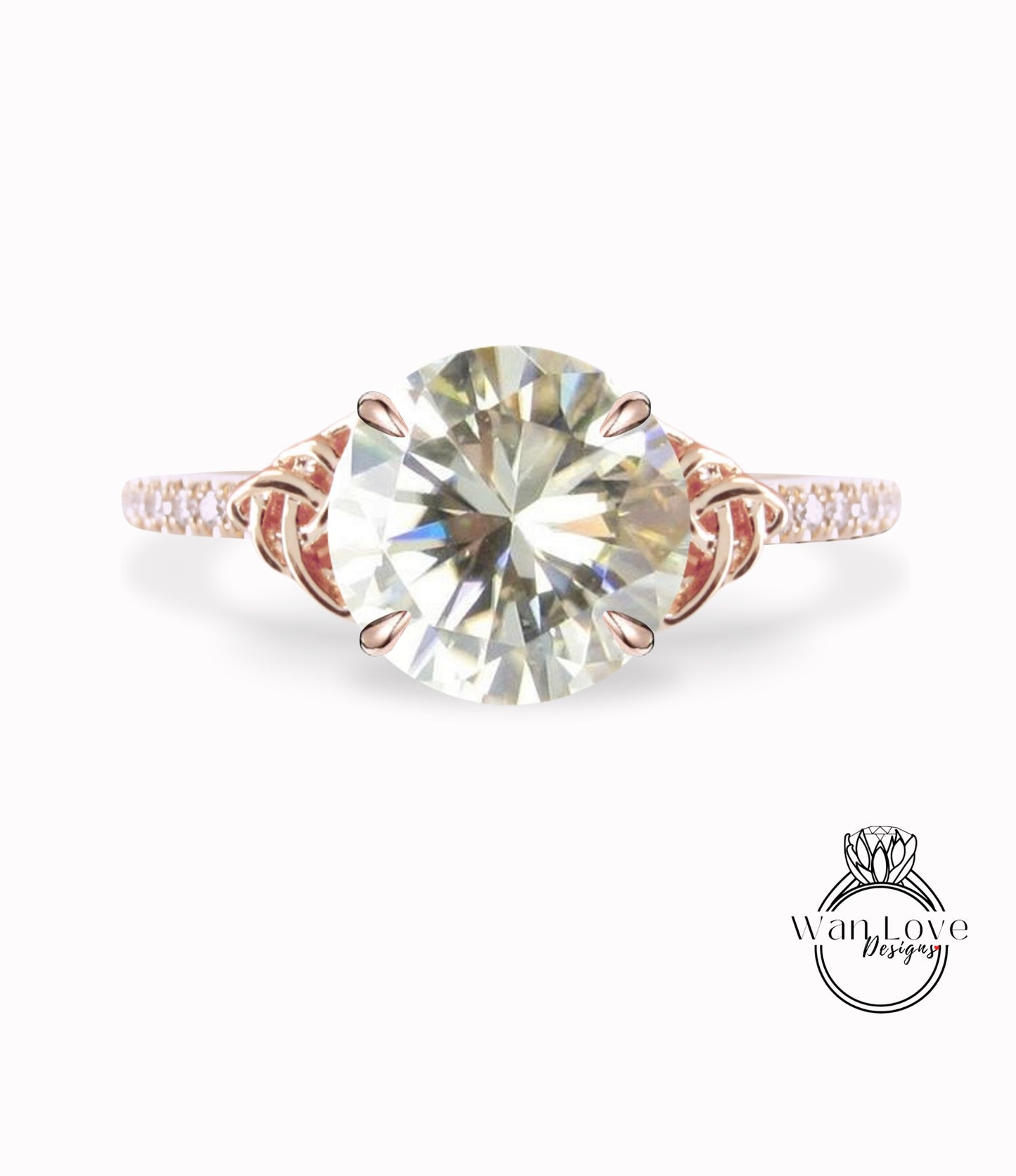 Champagne Moissanite & Diamond Celtic Knot Round Engagement Ring, Custom, 14k 18k White Yellow Rose Gold, Platinum-Wedding-Anniversary Gift