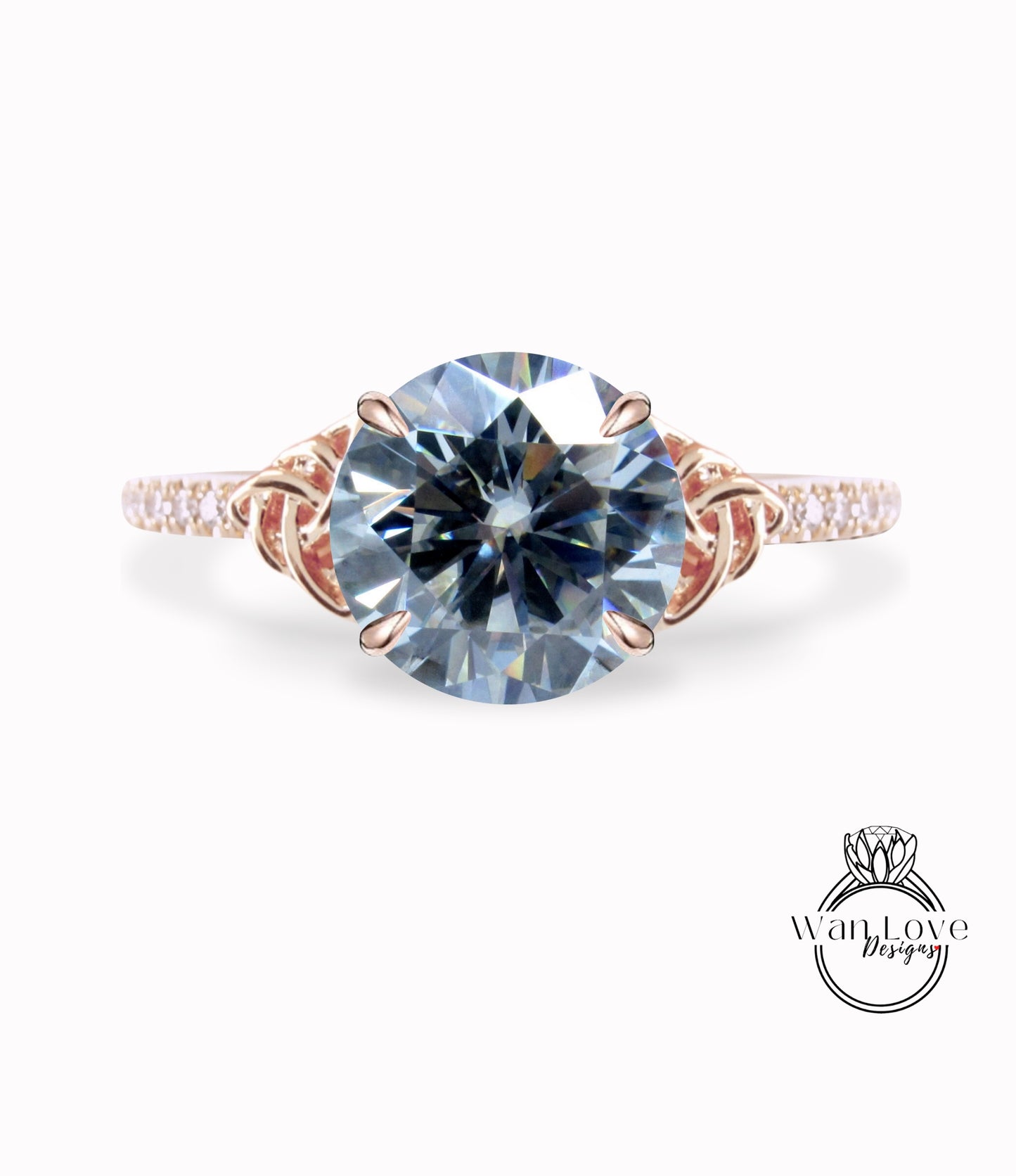 Grey Moissanite & Diamond Celtic Knot Round Engagement Ring, Custom, 14k 18k White Yellow Rose Gold, Platinum-Wedding-Anniversary Gift