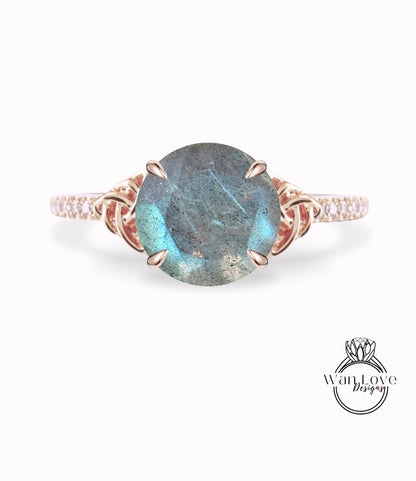 Labradorite & Diamond Celtic Knot Round Engagement Ring, Custom, 14k 18k White Yellow Rose Gold, Platinum-Wedding-Anniversary Gift