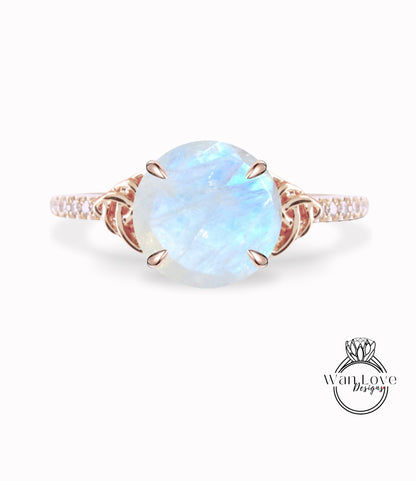 Moonstone & Diamond Celtic Knot Round Engagement Ring, Custom, 14k 18k White Yellow Rose Gold, Platinum-Wedding-Anniversary Gift