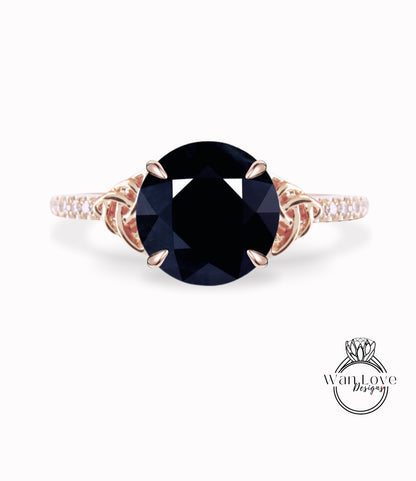 Natural Dark Blue Sapphire & Diamond Celtic Knot Round Engagement Ring, Custom, 14k 18k White Yellow Rose Gold, Platinum-Wedding-Anniversary Gift