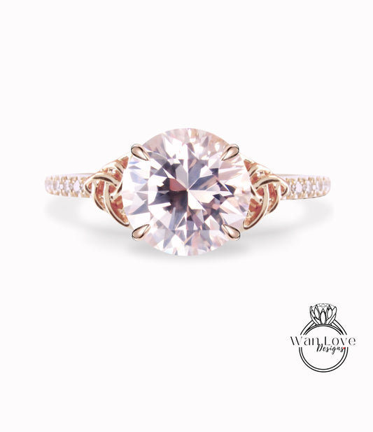Light Pink Sapphire & Diamond Celtic Knot Round Engagement Ring, Custom, 14k 18k White Yellow Rose Gold, Platinum-Wedding-Anniversary Gift
