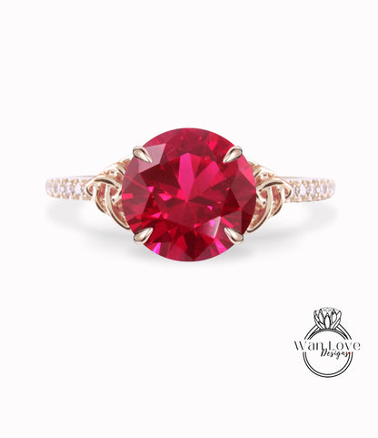 Ruby & Diamond Celtic Knot Round Engagement Ring, Custom, 14k 18k White Yellow Rose Gold, Platinum-Wedding-Anniversary Gift