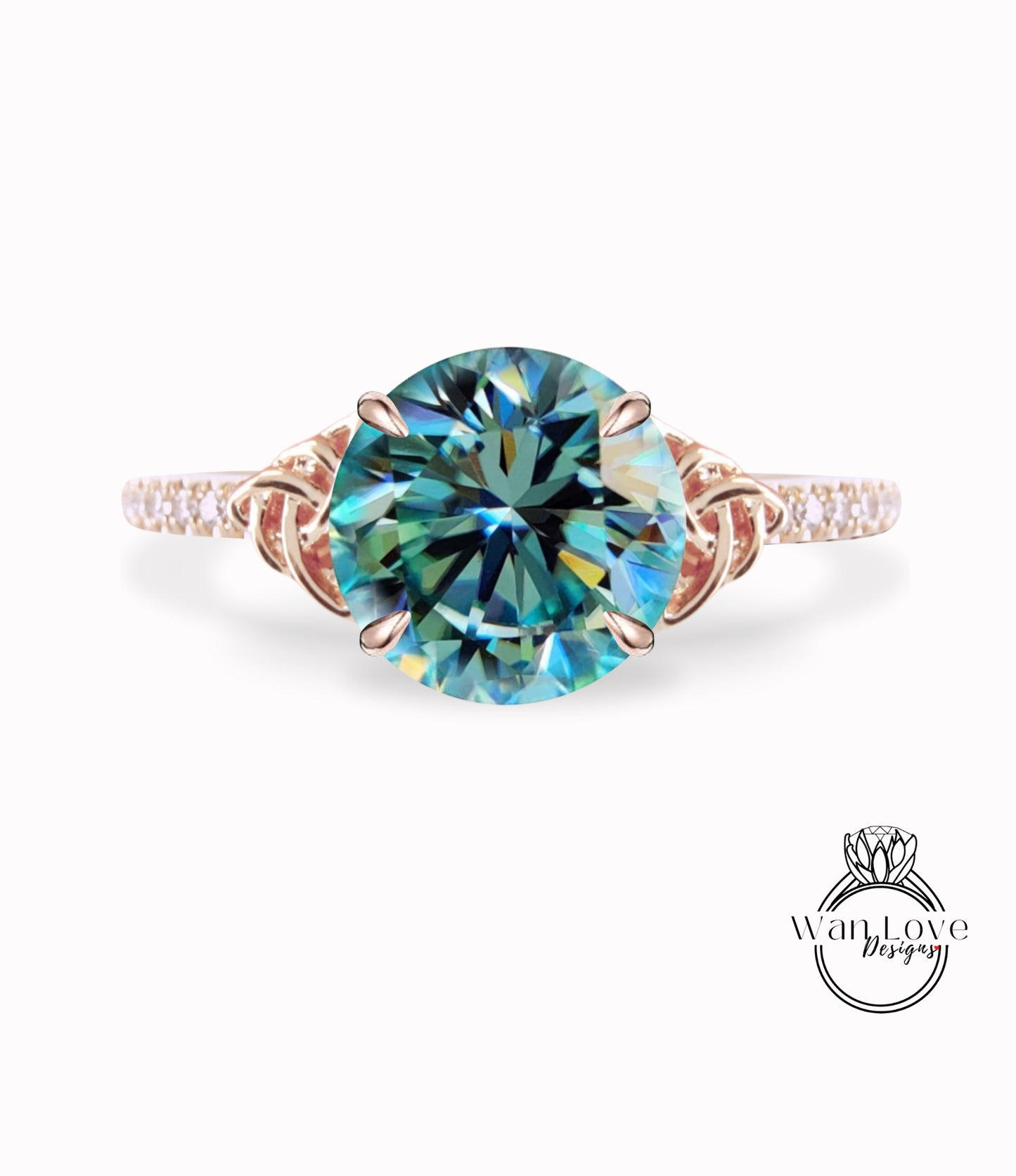 Teal Blue Green Moissanite & Diamond Celtic Knot Round Engagement Ring, Custom, 14k 18k White Yellow Rose Gold, Platinum-Wedding-Anniversary Gift