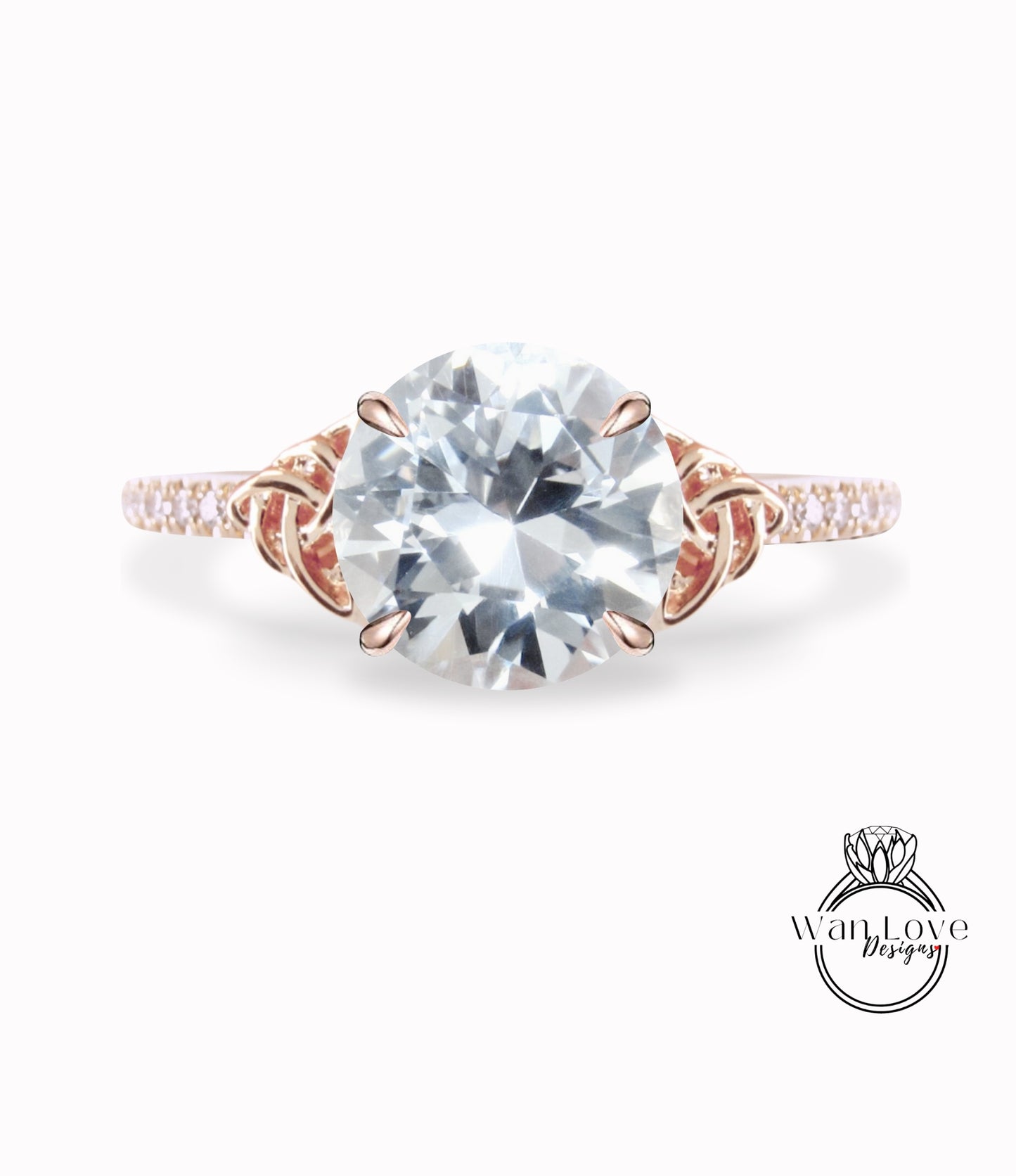 Anello di fidanzamento rotondo con nodo celtico con zaffiro bianco e diamante, personalizzato, oro rosa giallo bianco 14k 18k, anniversario di matrimonio in platino