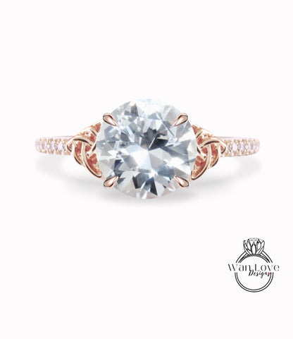 Anello di fidanzamento rotondo con nodo celtico con zaffiro bianco e diamante, personalizzato, oro rosa giallo bianco 14k 18k, anniversario di matrimonio in platino