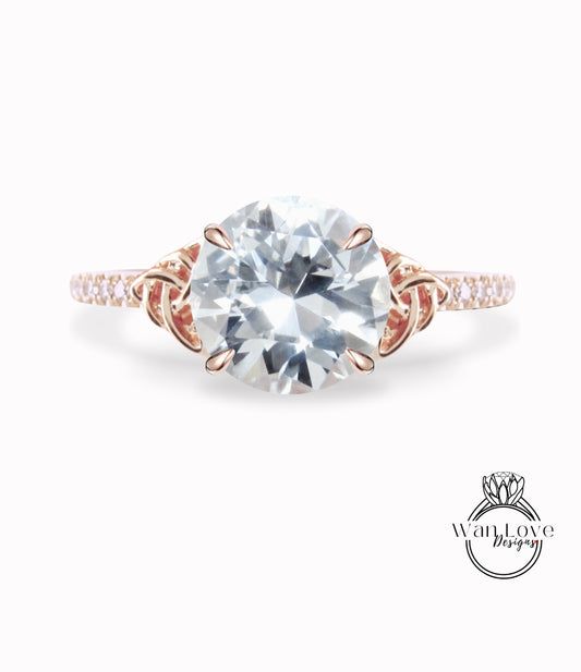 White Sapphire & Diamond Celtic Knot Round Engagement Ring, Custom, 14k 18k White Yellow Rose Gold, Platinum-Wedding-Anniversary Gift