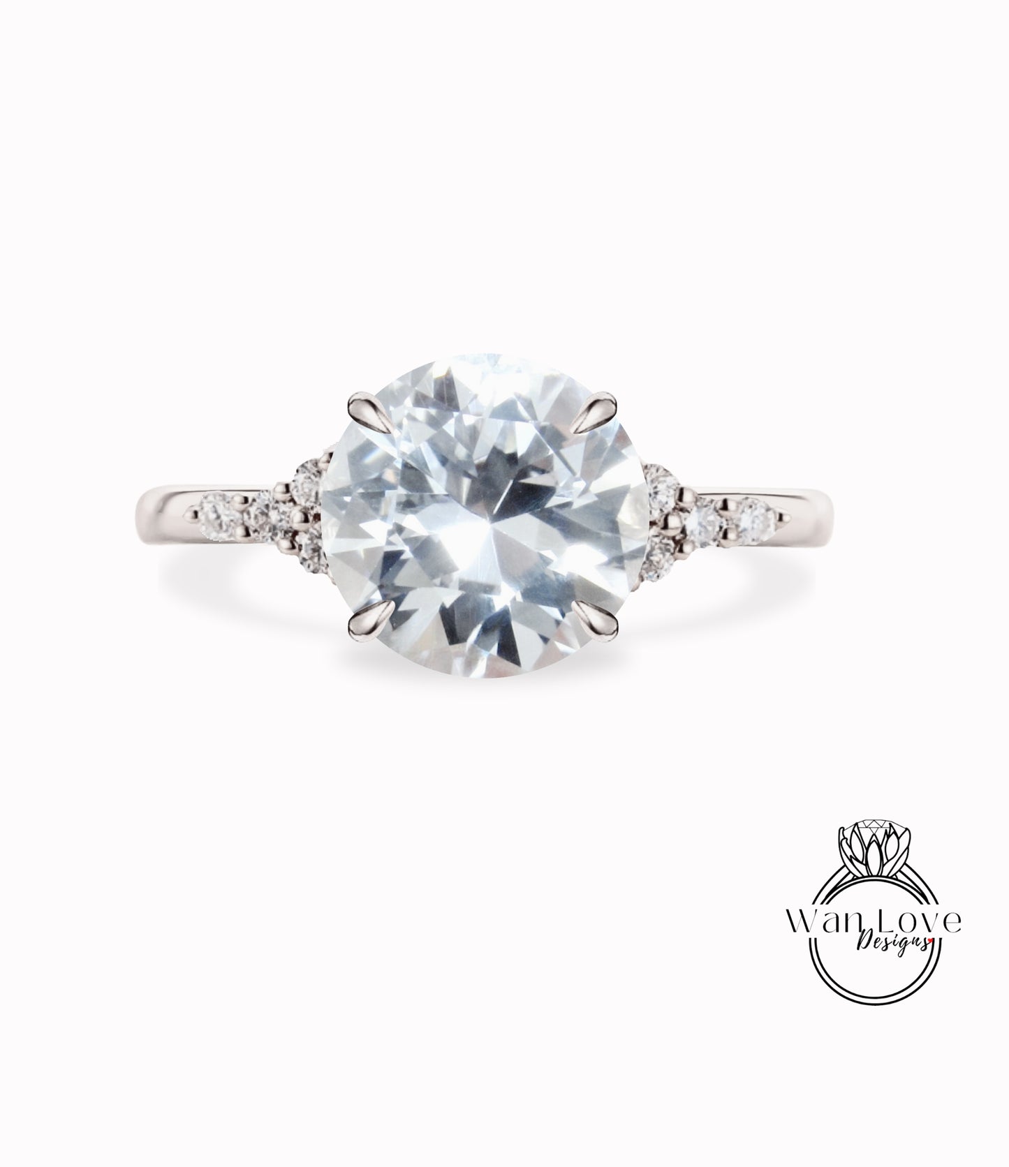 White Sapphire & Diamond Cluster thin dainty 3 gem stone Round Engagement Ring, Custom, 14kt 18kt Gold,Platinum, Bridal Wedding ring, Anniversary Gift