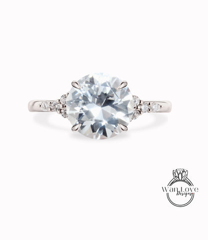 White Sapphire & Diamond Cluster thin dainty 3 gem stone Round Engagement Ring, Custom, 14kt 18kt Gold,Platinum, Bridal Wedding ring, Anniversary Gift