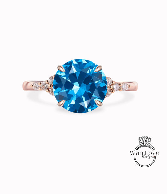 Vintage Ocean Blue Spinel Diamond Round Cluster anello art deco sottile delicato 3 pietre preziose Anello di fidanzamento Anello nuziale Anello nuziale Promessa di anniversario