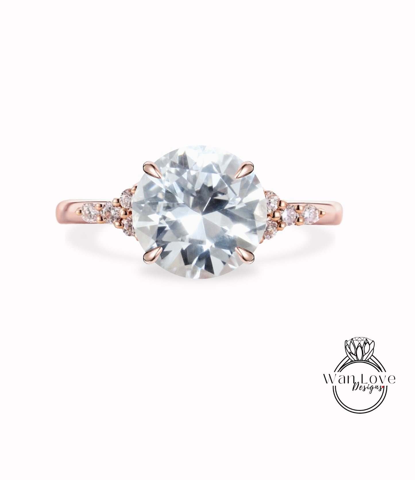 White Sapphire & Diamond Cluster thin dainty 3 gem stone Round Engagement Ring, Custom, 14kt 18kt Gold,Platinum, Bridal Wedding ring, Anniversary Gift