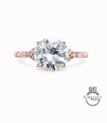 White Sapphire & Diamond Cluster thin dainty 3 gem stone Round Engagement Ring, Custom, 14kt 18kt Gold,Platinum, Bridal Wedding ring, Anniversary Gift