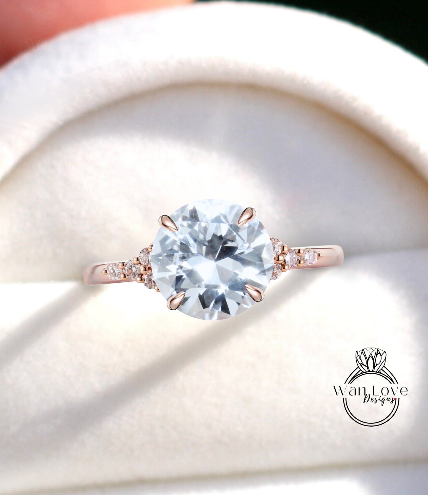 White Sapphire & Diamond Cluster thin dainty 3 gem stone Round Engagement Ring, Custom, 14kt 18kt Gold,Platinum, Bridal Wedding ring, Anniversary Gift