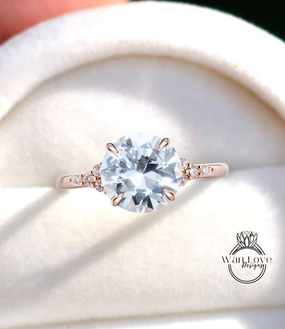 White Sapphire & Diamond Cluster thin dainty 3 gem stone Round Engagement Ring, Custom, 14kt 18kt Gold,Platinum, Bridal Wedding ring, Anniversary Gift