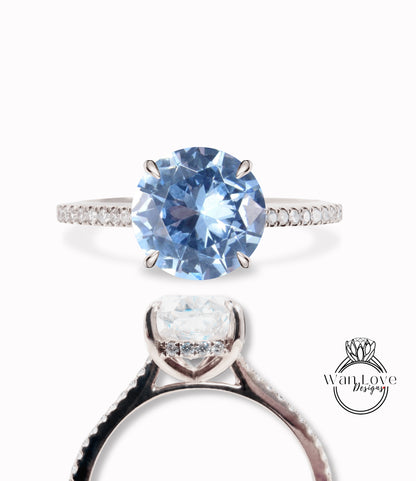 Aquamarine Blue Spinel & Diamond Side Halo Half Eternity Engagement Ring rose gold round ring art deco diamond halo ring wedding Bridal ring Anniversary promise ring