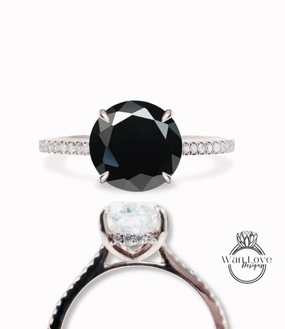 Anello di fidanzamento rotondo con diamante Moissanite nero sottile lato sottile Anello di fidanzamento quasi eternità con diamante nascosto alone Anello di promessa di anniversario nuziale regalo