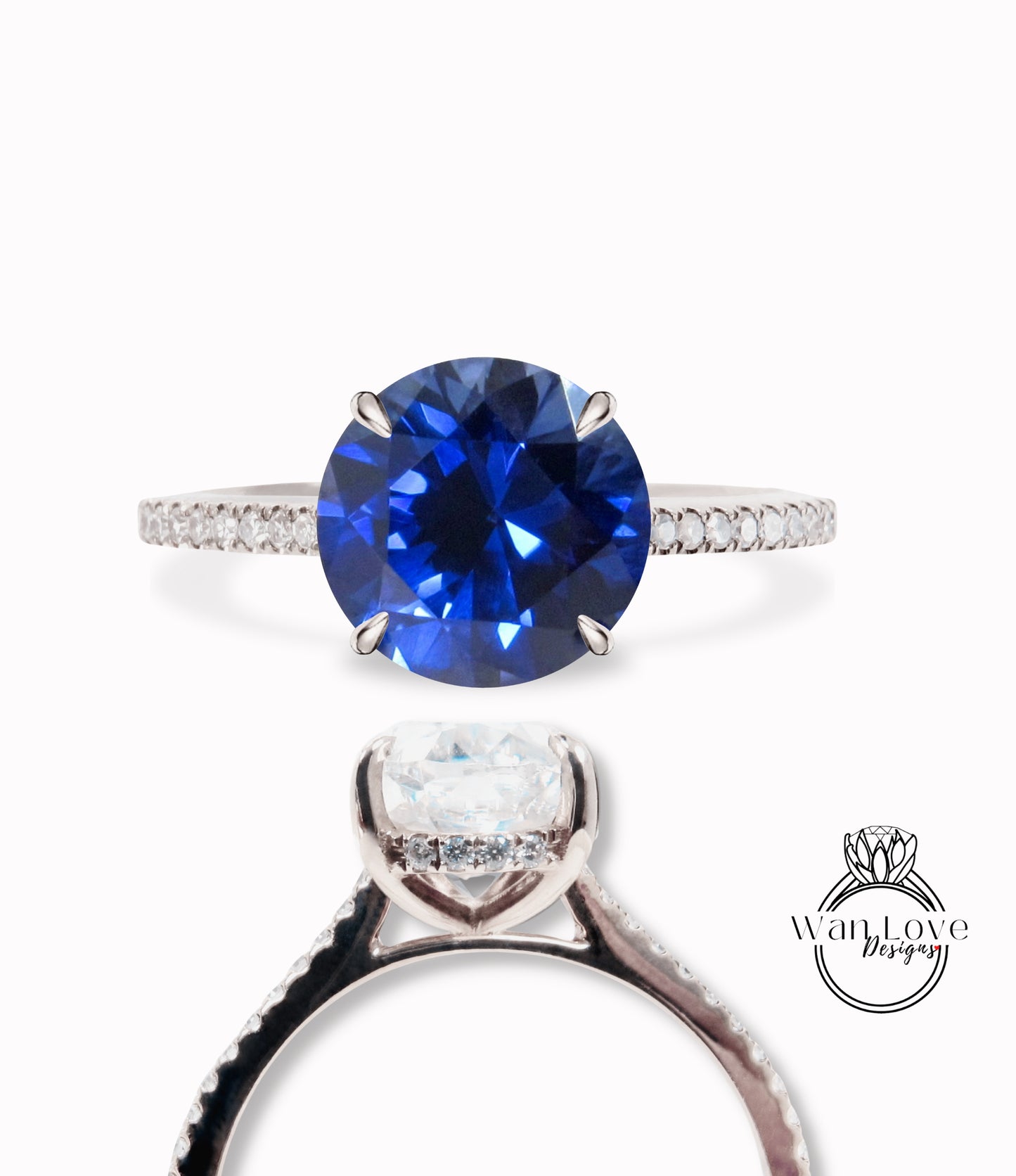 Anello di fidanzamento rotondo con zaffiro blu e diamanti, anello di fidanzamento rotondo, alone laterale, nascosto, 3/4 quasi eternità, personalizzato, matrimonio, anniversario