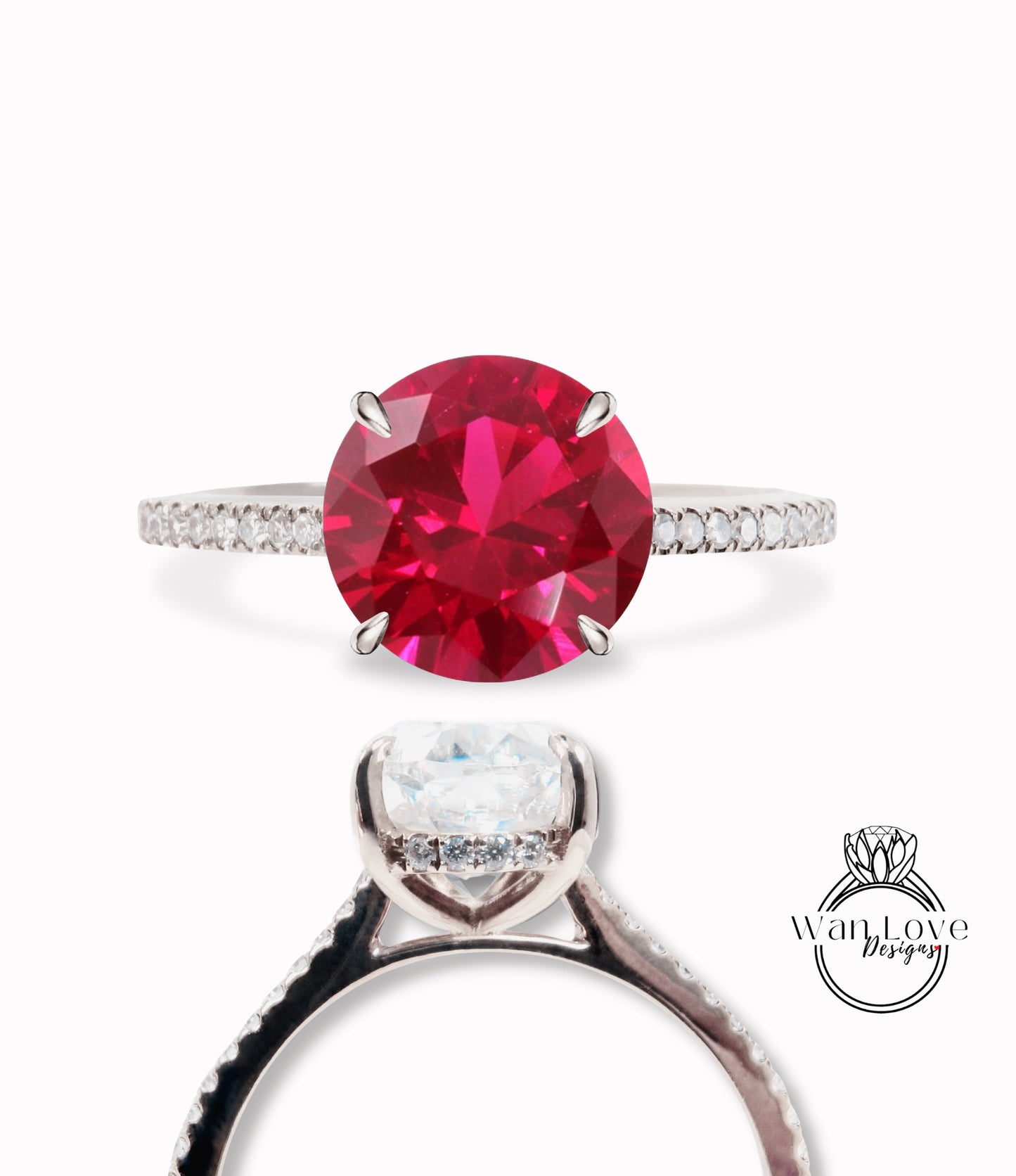 Ruby & Diamonds Side Halo Almost Eternity Thin Shank Round Engagement Ring Custom Wedding 14kt 18kt Gold Platinum Anniversary Gift