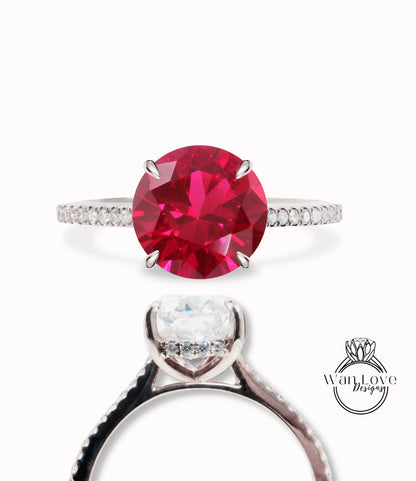 Ruby & Diamonds Side Halo Almost Eternity Thin Shank Round Engagement Ring Custom Wedding 14kt 18kt Gold Platinum Anniversary Gift