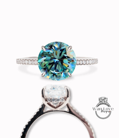 Teal Blue Green Moissanite & Diamond Round Side Halo 3/4 Almost Eternity Engagement Ring, Basket Cathedral, 14k 18k Gold-Platinum-Custom made-Bridal Wedding ring-Anniversary Gift