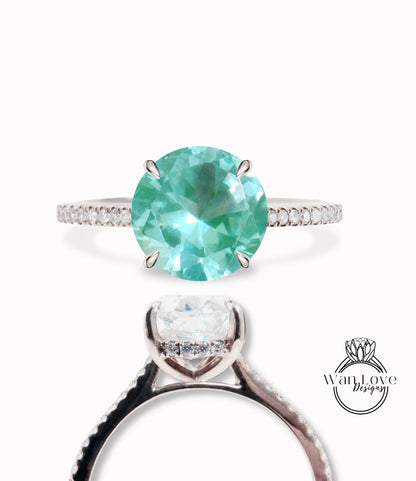 Teal Spinel & Diamonds Side Halo Almost Eternity Thin Shank Round Engagement Ring Custom Wedding 14kt 18kt Gold Platinum Anniversary Gift