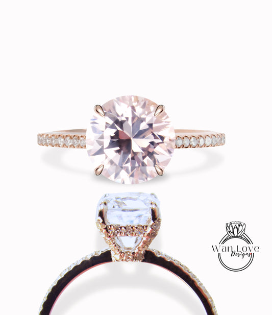 Light Pink Sapphire Rings-Diamond prong Ring-Side Halo-Basket-Round Engagement Ring-Almost Eternity Rings-Pink Ring Custom-Wedding