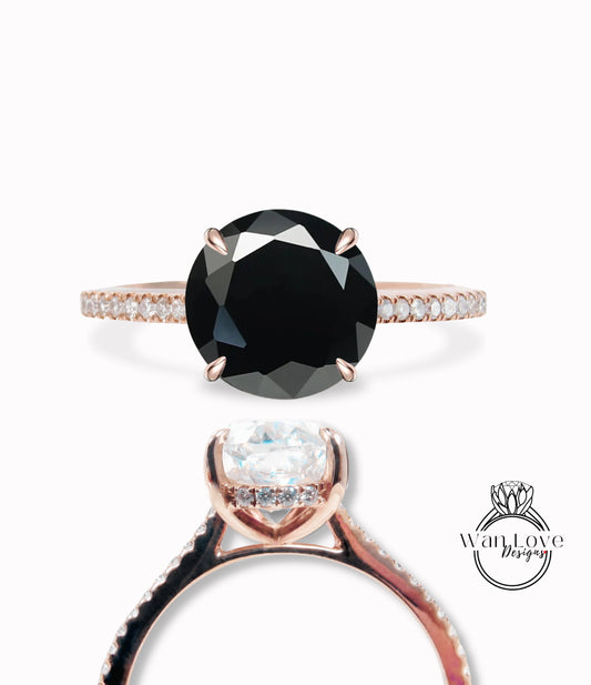 Black Spinel & Diamond Side Halo Half Eternity Engagement Ring rose gold round ring art deco diamond halo ring wedding Bridal ring Anniversary promise ring