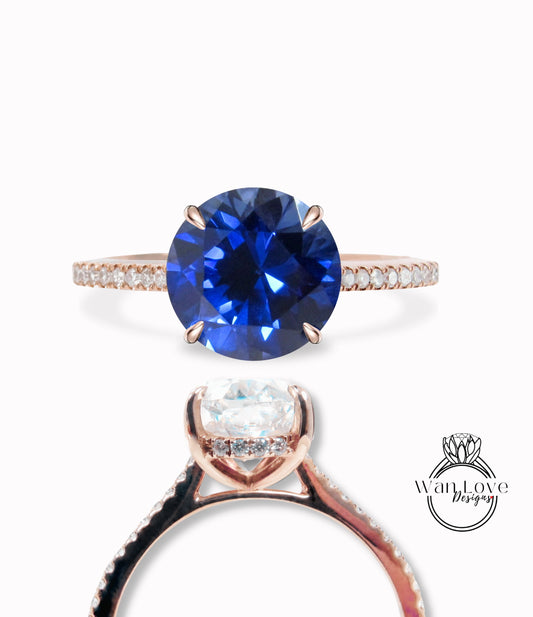 Blue Sapphire & Diamond prongs Basket Round Engagement Ring, Side Halo, Hidden, 3/4 Almost Eternity, Custom, Wedding, Anniversary