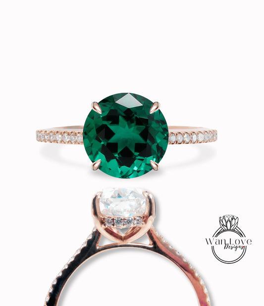 Emerald & Diamonds Side Halo Almost Eternity Thin Shank Round Engagement Ring Custom Wedding 14kt 18kt Gold Platinum Anniversary Gift