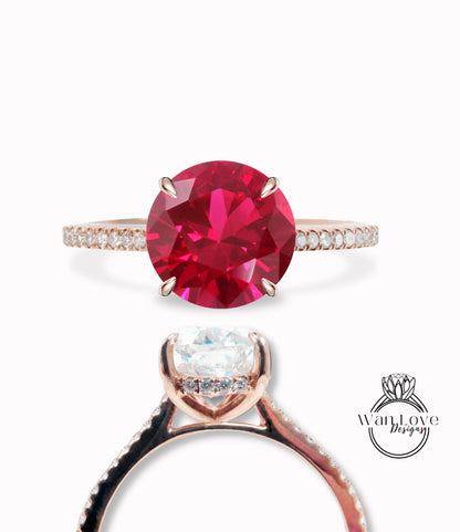 Ruby & Diamond Round Side Halo 3/4 Almost Eternity Engagement Ring, Basket Cathedral, 14k 18k Gold-Platinum-Custom made-Bridal Wedding ring-Anniversary Gift
