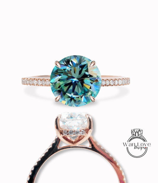 Anello Halo rotondo con diamanti Anello di fidanzamento con diamanti a taglio rotondo con Moissanite blu Anello vintage in oro Art Deco Anello da sposa antico con promessa di matrimonio