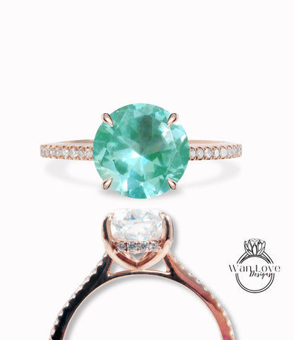 Teal Spinel & Diamonds Side Halo Almost Eternity Thin Shank Round Engagement Ring Custom Wedding 14kt 18kt Gold Platinum Anniversary Gift