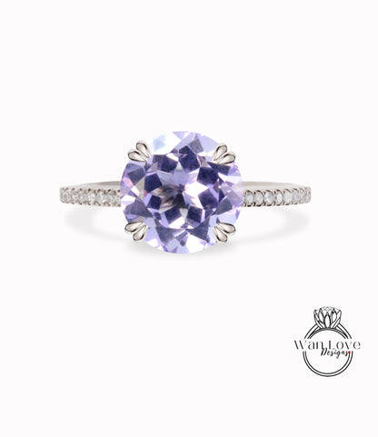 Anello di fidanzamento con ametista lavanda chiara e diamante, rotondo, cattedrale su misura, matrimonio, regalo di anniversario, impegno, proposta