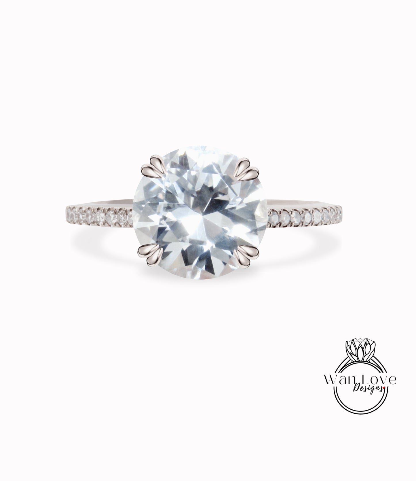 Anello di fidanzamento con zaffiro bianco e diamante solitario rotondo 14k 18k bianco giallo oro rosa-platino-su misura-anniversario di matrimonio