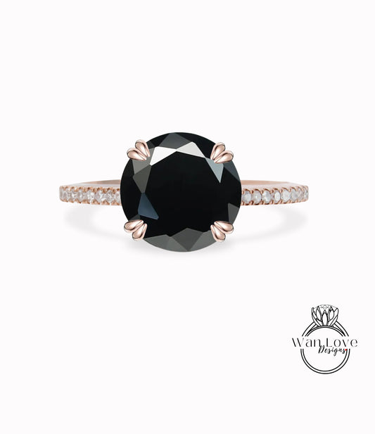 Anello di fidanzamento con spinello nero e diamanti Solitario rotondo Cattedrale 14k 18k Bianco Giallo Oro rosa-Platino-Matrimonio personalizzato, WanLoveDesigns