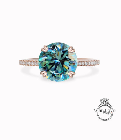 Teal Moissanite half eternity Engagement Ring round cut blue green moissanite Ring Antique rose gold 4 double prongs Wedding Bridal Ring Anniversary promise ring