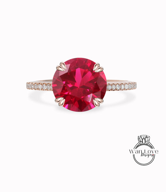 Ruby & Diamond Round Engagement Ring Double prong Solitaire, 14k 18k White Rose Yellow Gold Platinum Custom made Wedding Anniversary Gift