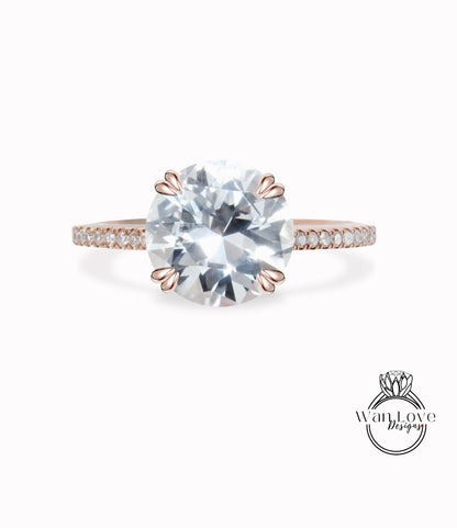 Anello di fidanzamento con zaffiro bianco e diamante solitario rotondo 14k 18k bianco giallo oro rosa-platino-su misura-anniversario di matrimonio